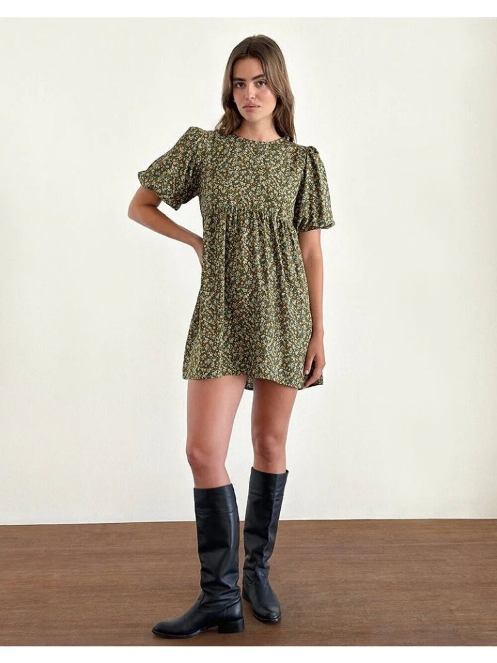 Motel Marate Puff Sleeve Mini Dress Grunge Floral Khaki XS